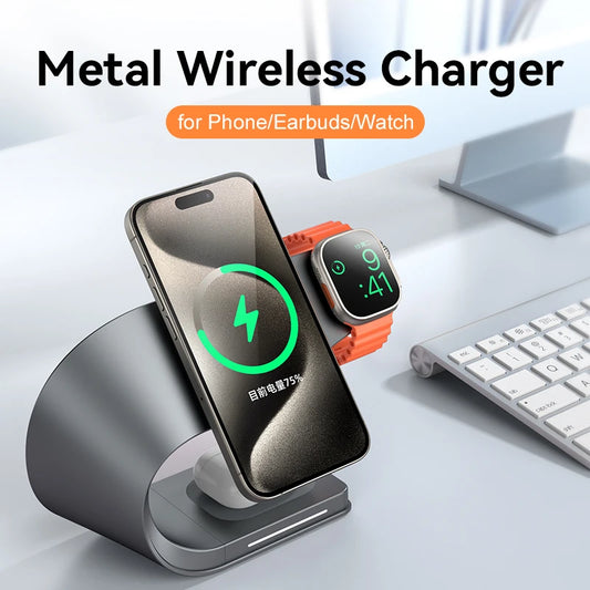 4 in 1 Wireless Charger Metal Shell Magnetic 15W Fast Charging Station Stand for iPhone 12-17 Mobile Phones Airpods Apple Watch