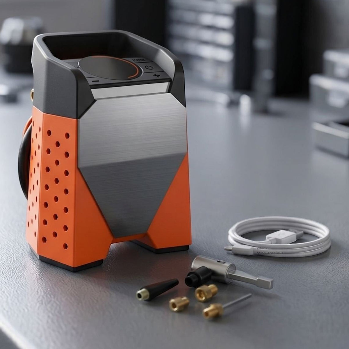 Small digital tire inflator placed on a gray workbench in an automotive setting, highlighting its design and functionality for tire inflation.