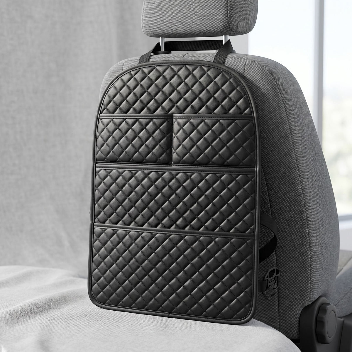 Unbranded car seat back organizer with multiple pockets, shown in a studio setting highlighting a lightweight, practical design.
