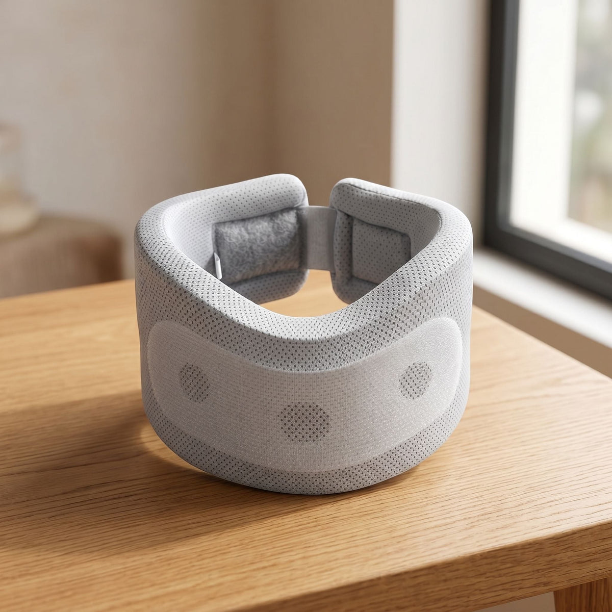 Full-body view of unbranded lightweight neck support brace on a wooden surface in a cozy interior, demonstrating practical ergonomic shape.