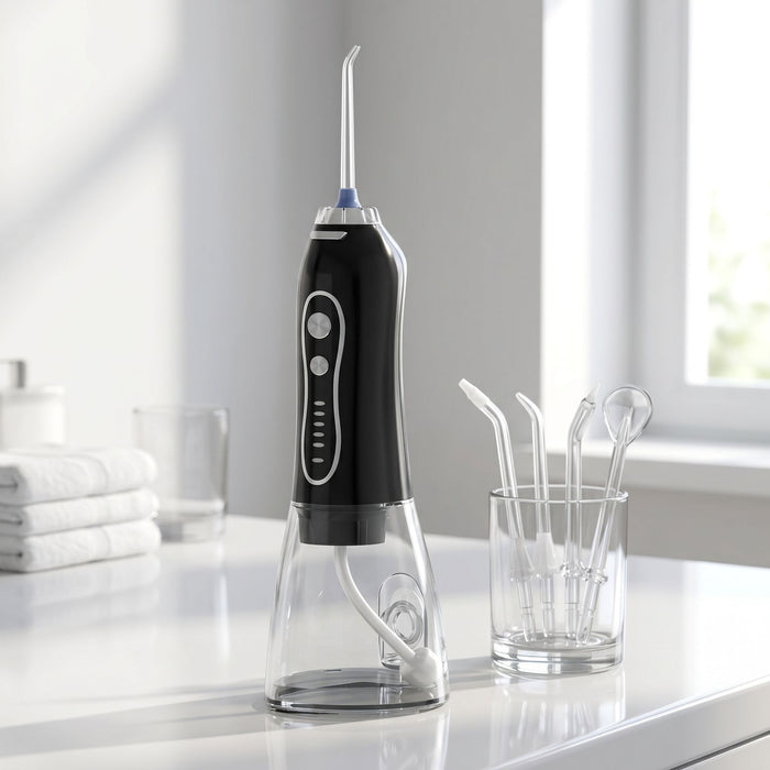 Close-up of cordless water flosser on reflective ceramic surface in a well-lit bathroom, emphasizing its modern design and textures.