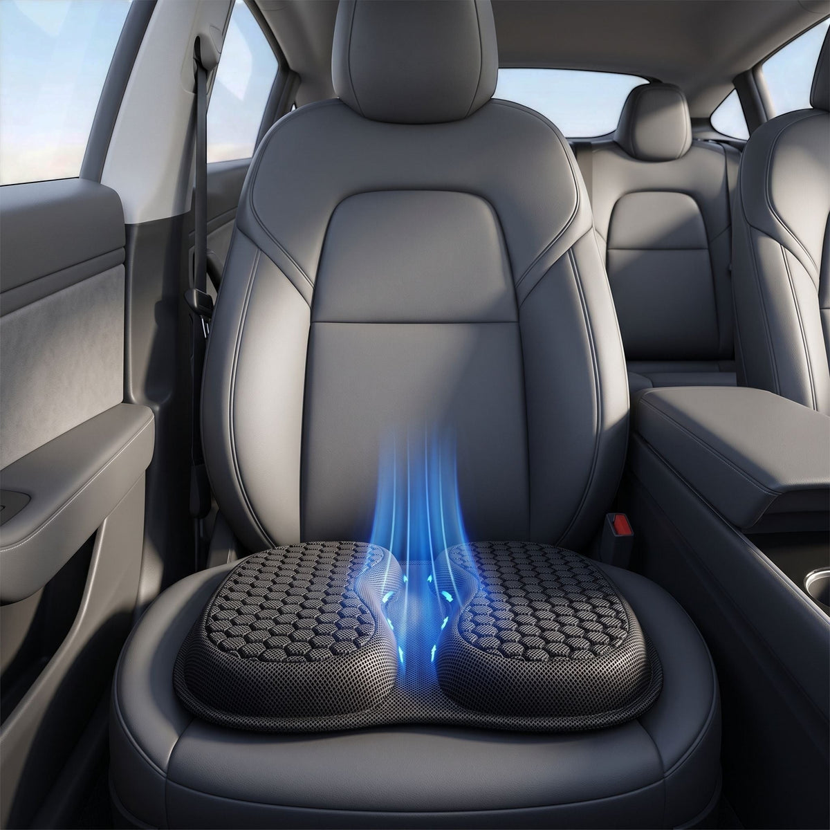 Car seat cushion with breathable ice silk surface and gel filling on a modern car seat, emphasizing comfort and support for long drives.