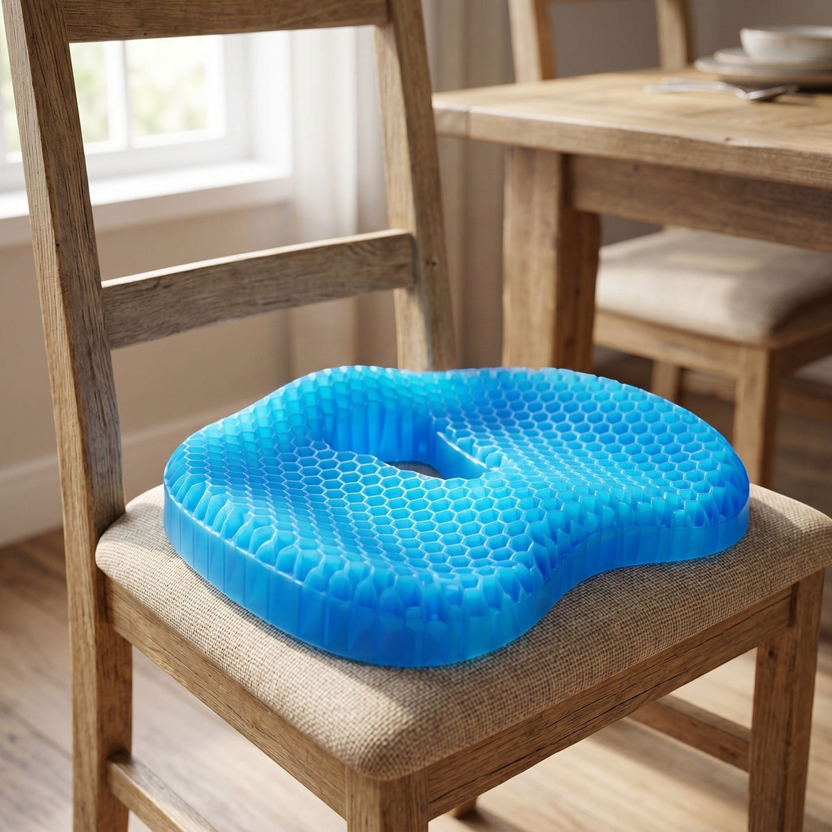 U-shaped seat cushion on a cozy home dining chair with natural light, emphasizing support, massage-texture style, and breathable surface.