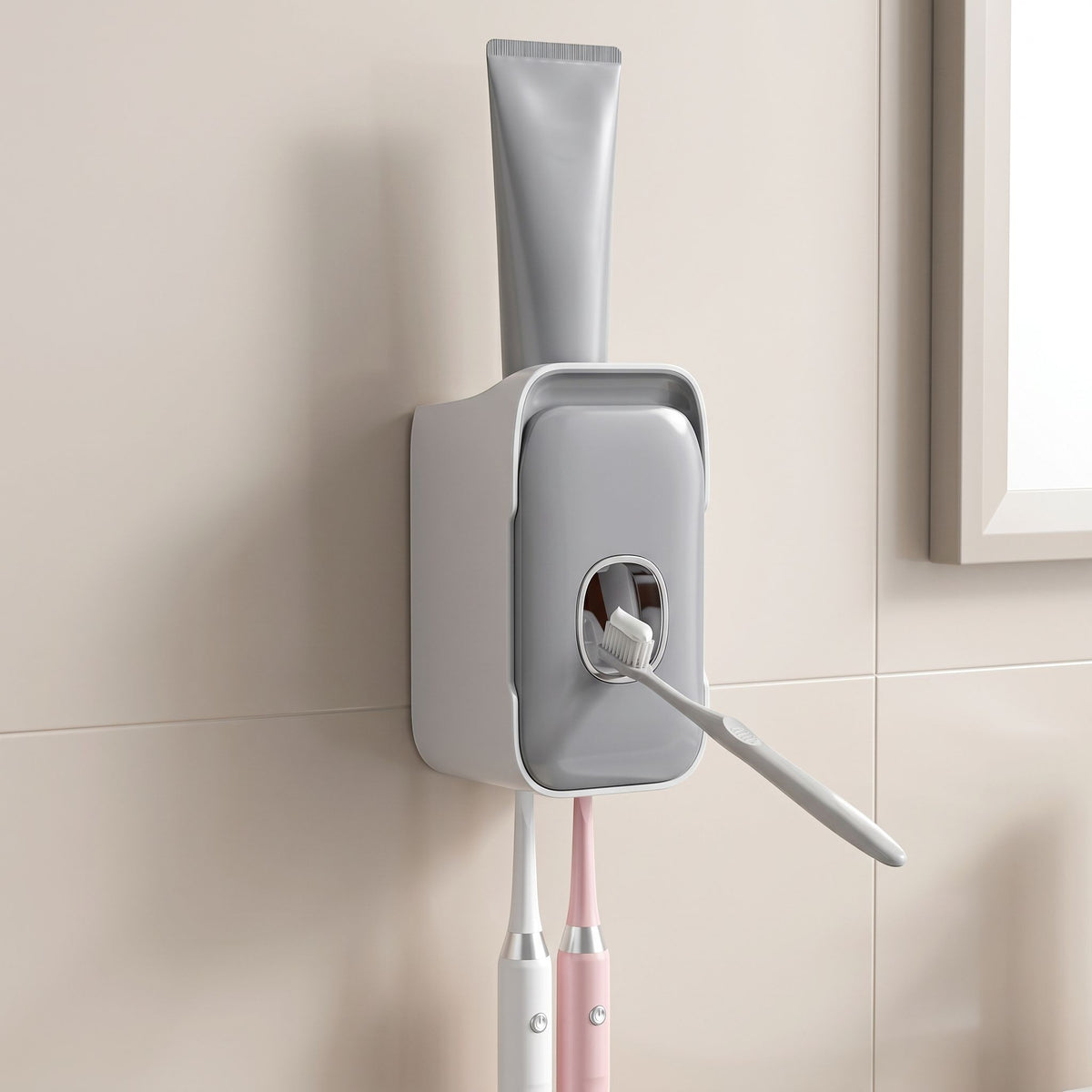 Unbranded wall-mounted toothpaste dispenser on a light tiled surface in a home or office environment with natural light.
