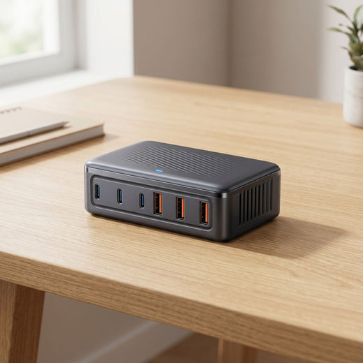 Close-up of a 6-port GaN desktop charger with ports visible on a modern workspace.