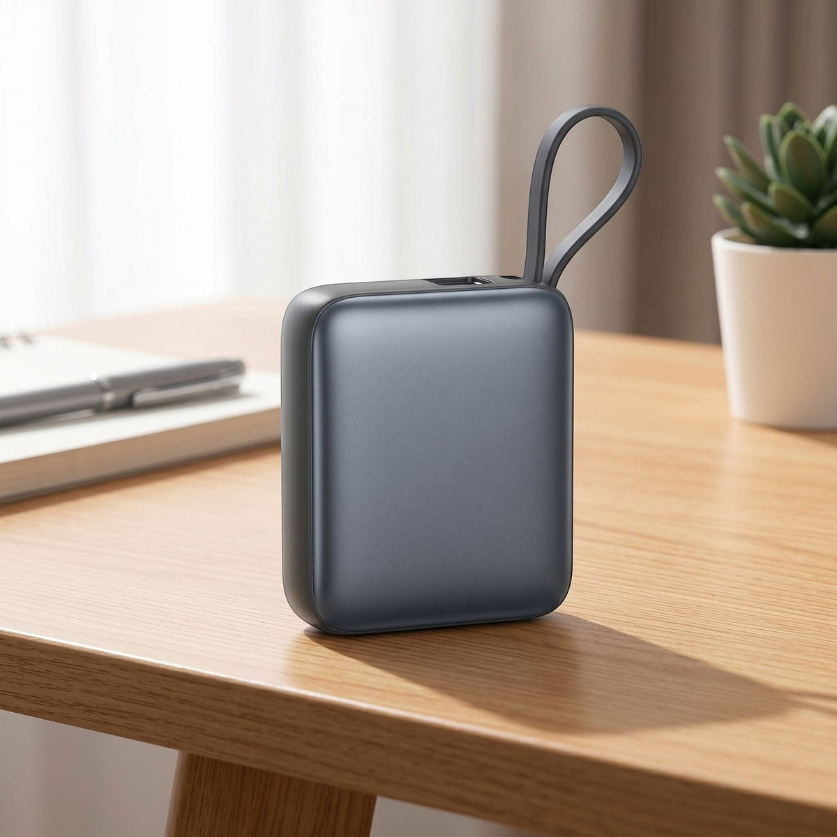 Slightly elevated view of a generic compact power bank showing USB-C cable and ports on a wooden desk space with natural lighting.