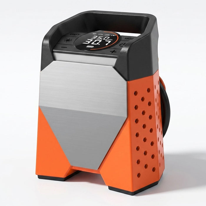 Compact portable digital tire inflator positioned on a white background, showcasing its shape and features for vehicle and bike inflation.