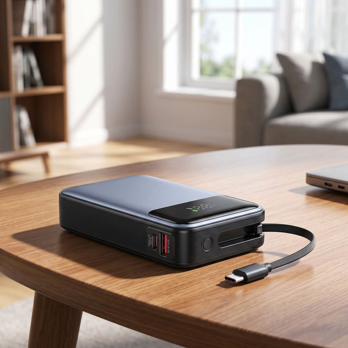 Lifestyle scene with portable 65W power bank on a wooden coffee table in a well-lit living room.