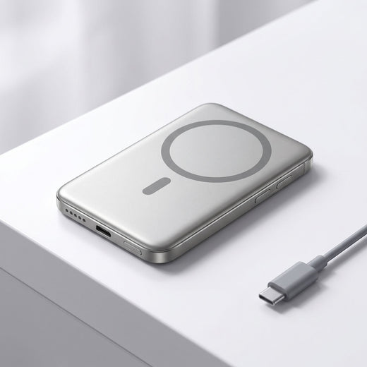 Realistic studio shot of a slim magnetic wireless power bank on a white surface, highlighting its shape and ports.
