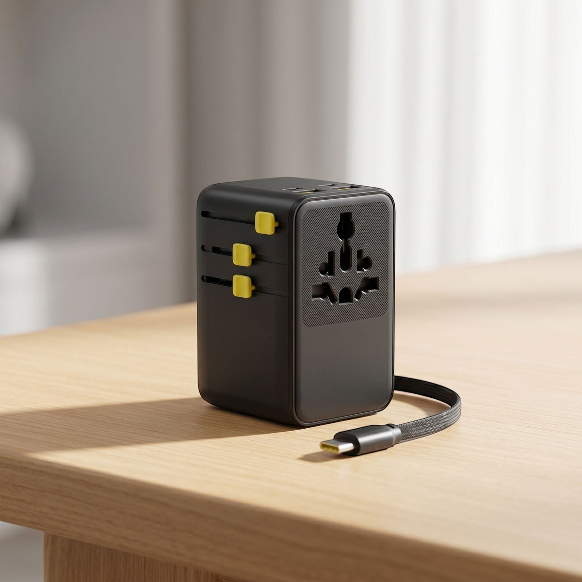 Unbranded 70W travel adapter positioned upright on a wooden surface, displaying ports and retractable cable in natural light environment.