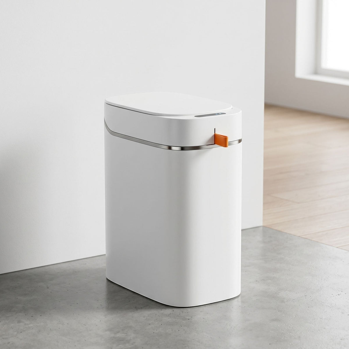 Minimalist rechargeable sensor trash can mounted or standing in a contemporary office space, highlighting its slim profile and sensor lid.
