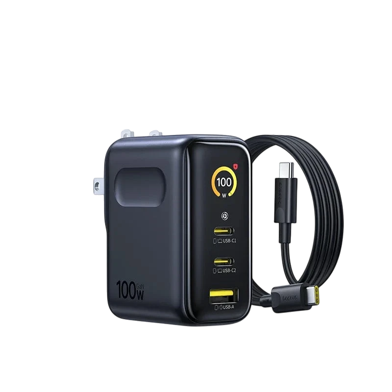 zero2cart 100W GaN fast charger in black with digital display, two USB-C ports, and one USB-A port.