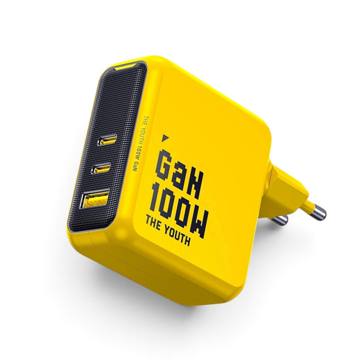 zero2cart 100W GaN fast charger in bright yellow with two USB-C ports and one USB-A port for multi-device charging