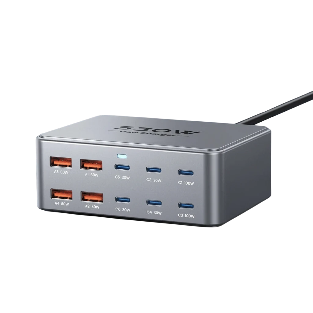 zero2cart 330W 10-port GaN desktop charging station in silver with USB-C and USB-A ports on a speckled surface.