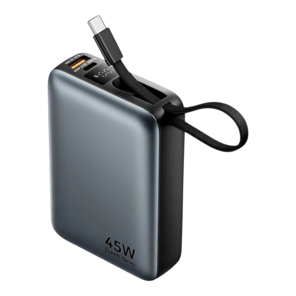 zero2cart 20000mAh 45W portable power bank in grey with built-in USB-C cable lanyard and digital battery display