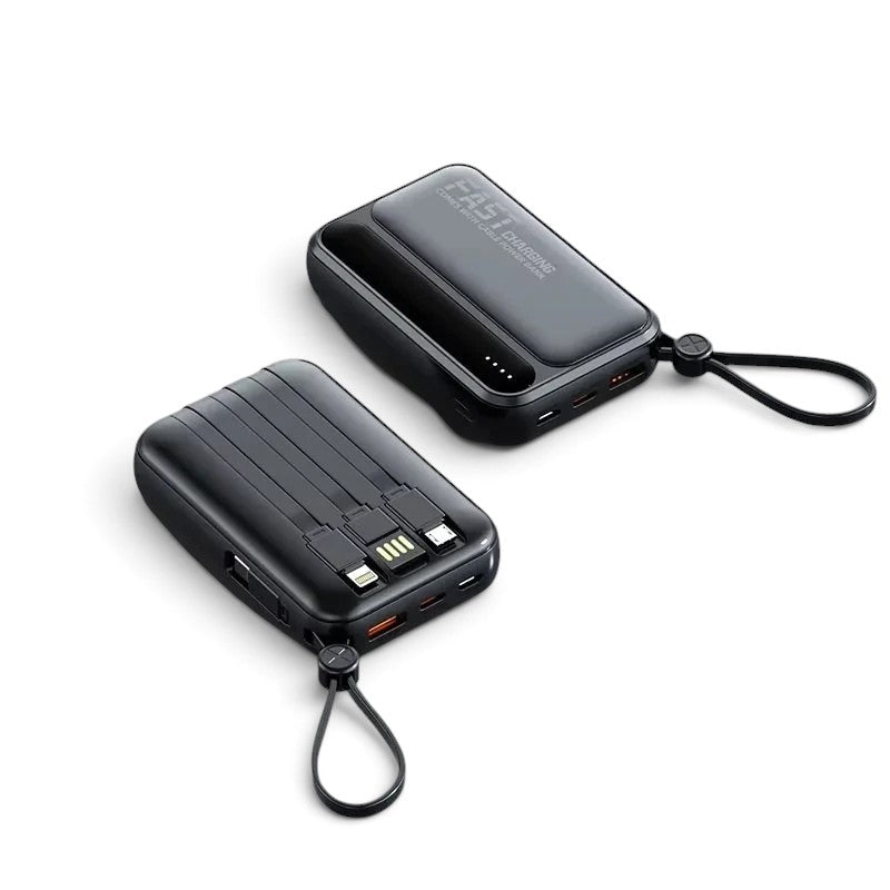 zero2cart black portable power bank with built-in charging cables, digital display, and carry strap on black background