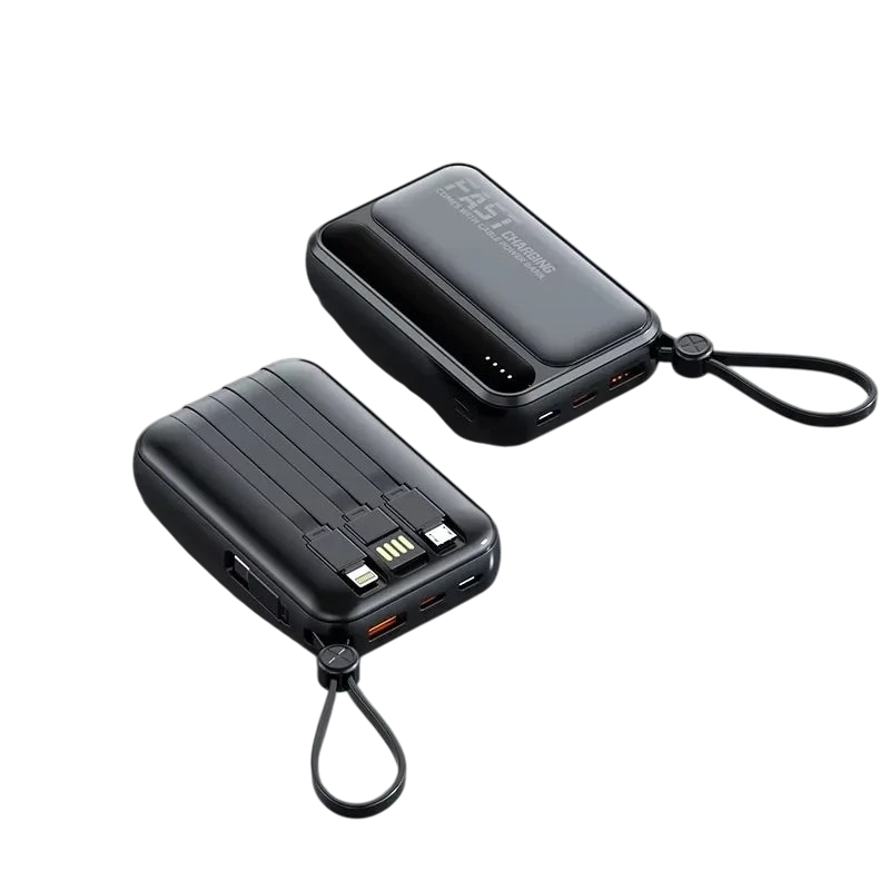 zero2cart black portable power bank with built-in charging cables, digital display, and carry strap on black background