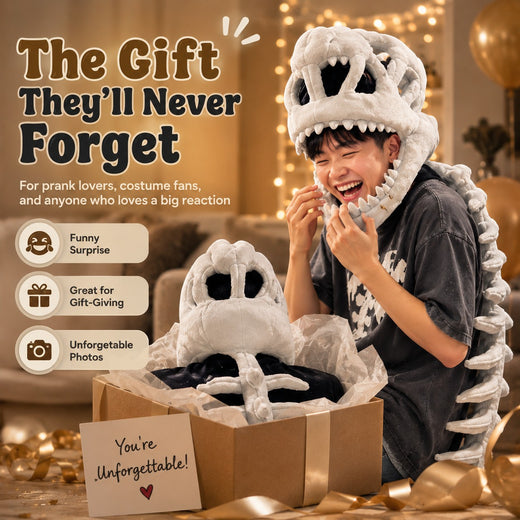 zero2cart dinosaur skeleton plush costume set with headgear and outfit worn by a smiling person in a gift box
