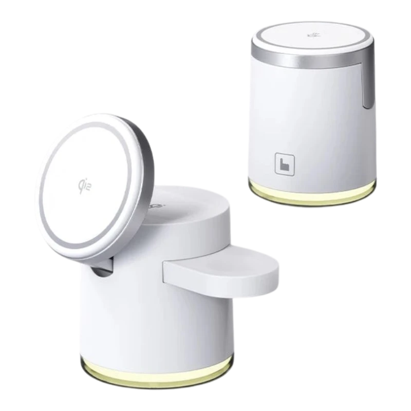 zero2cart white 3-in-1 foldable wireless charging station with magnetic phone stand and ambient night light base