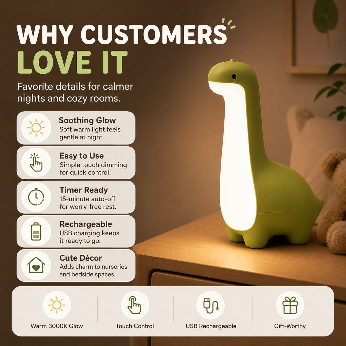 zero2cart green dinosaur night light with warm glow on a bedside table, featuring touch control and timer settings.