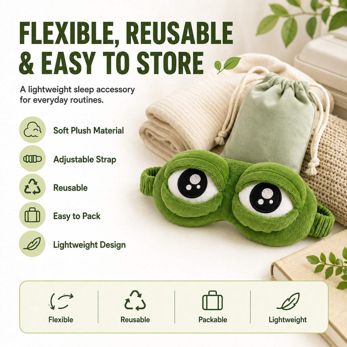 zero2cart green plush frog sleep eye mask with adjustable strap and matching drawstring storage pouch