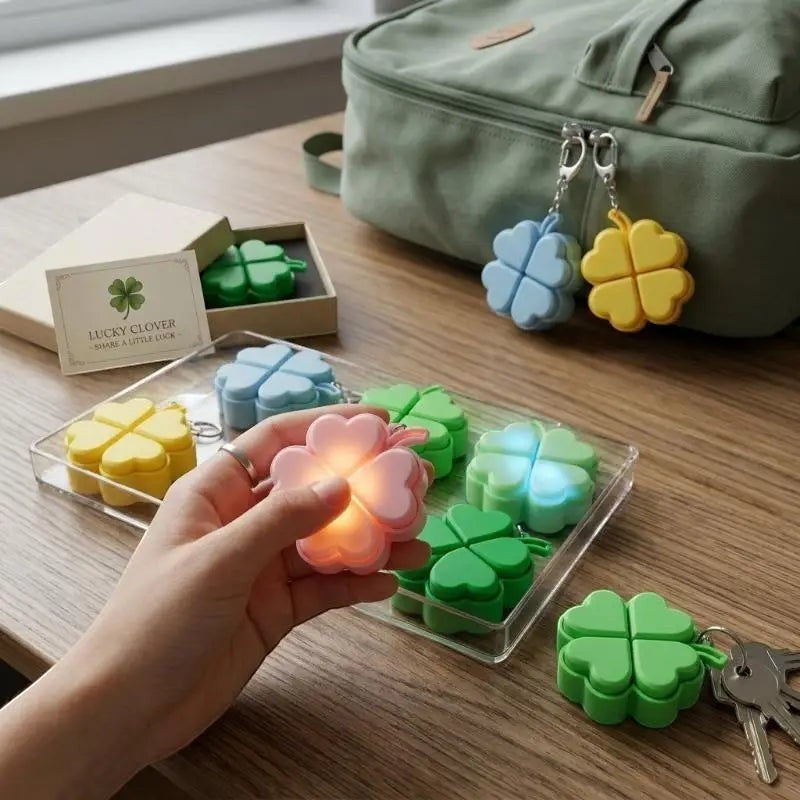 zero2cart light-up four-leaf clover pop-it fidget keychains in pastel pink, green, blue, and yellow on a desk.