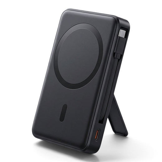 zero2cart 10000mAh magnetic power bank in black with built-in USB-C cable, digital display, and foldable kickstand.