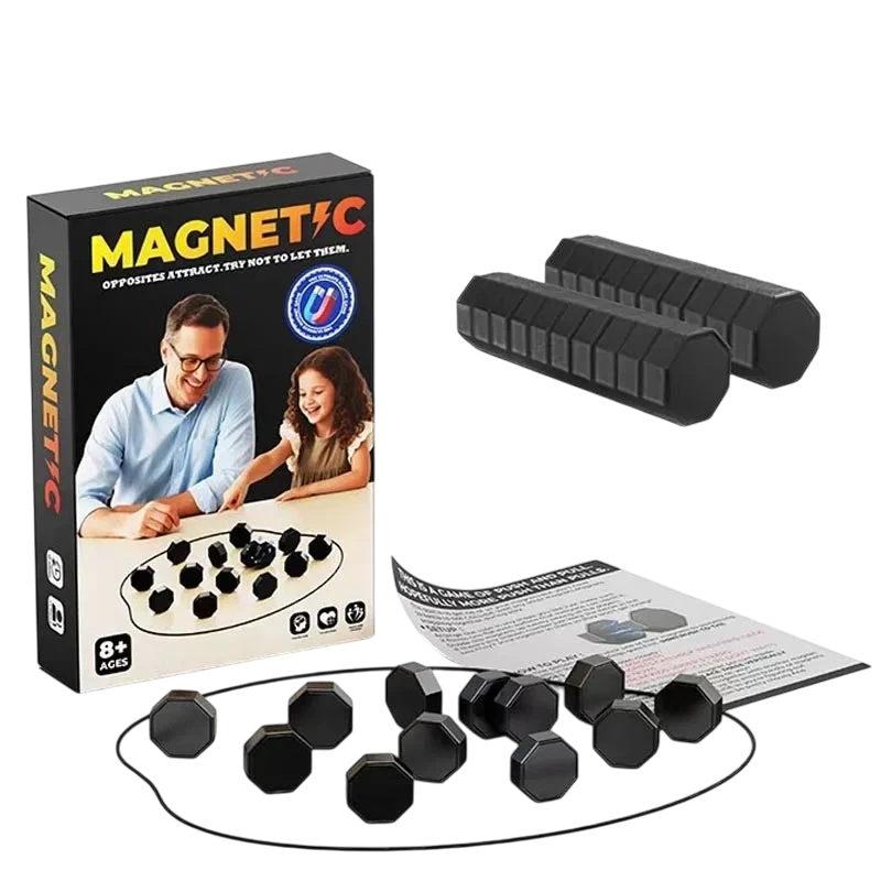 zero2cart magnetic strategy game set with black hexagonal magnets, game board, and illustrated box for family play