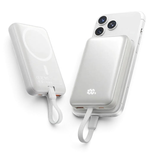 zero2cart 10000mAh magnetic wireless power bank in beige with digital display attached to a smartphone