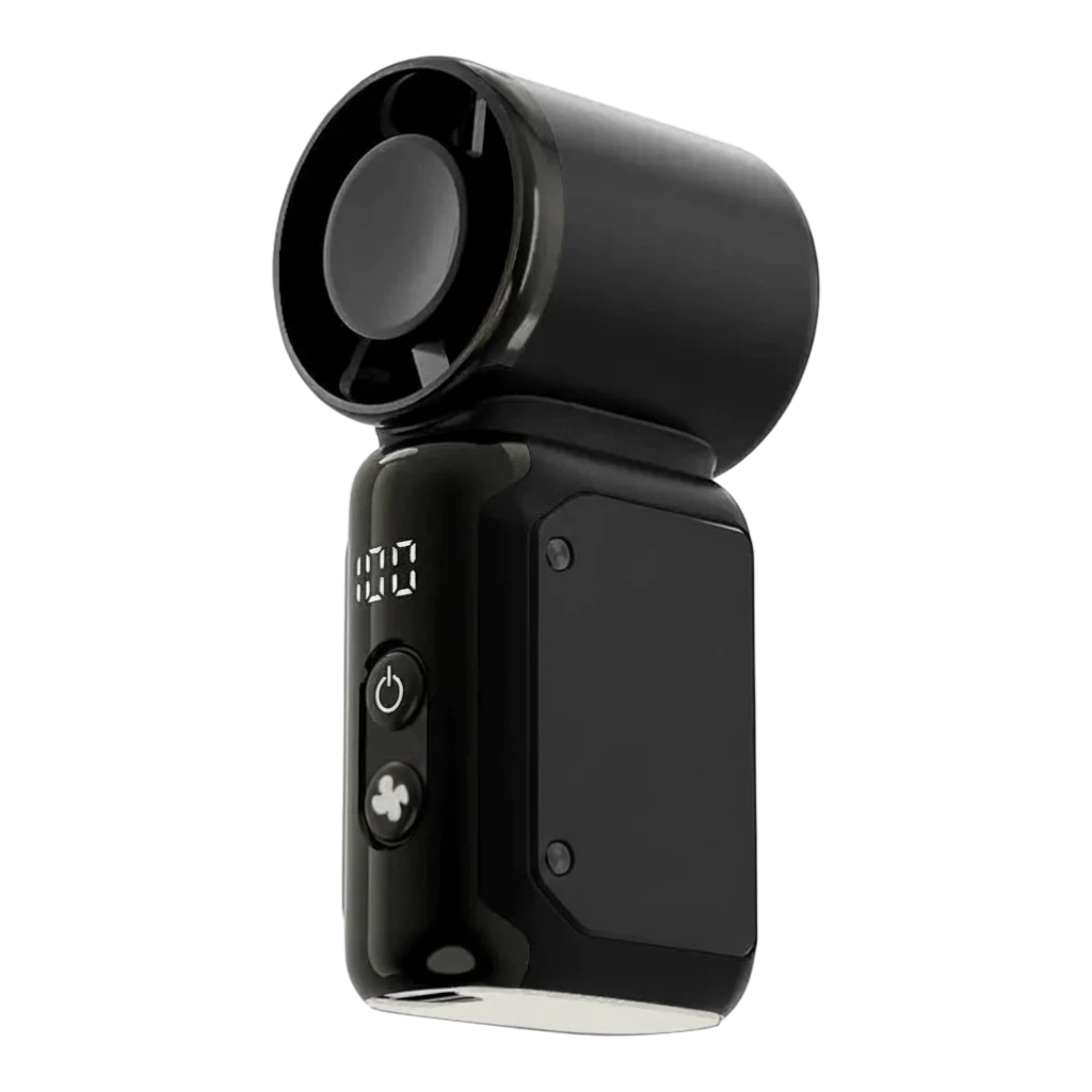 zero2cart portable mini bladeless fan in black with a digital display and simple power controls for desk cooling