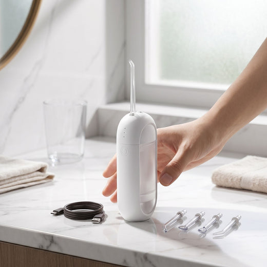 zero2cart portable rechargeable water flosser with four nozzle attachments and USB charging cable on a bathroom vanity