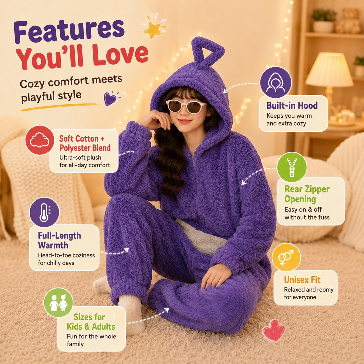 zero2cart purple plush hooded onesie pajama with character design, soft cotton polyester blend for cozy loungewear