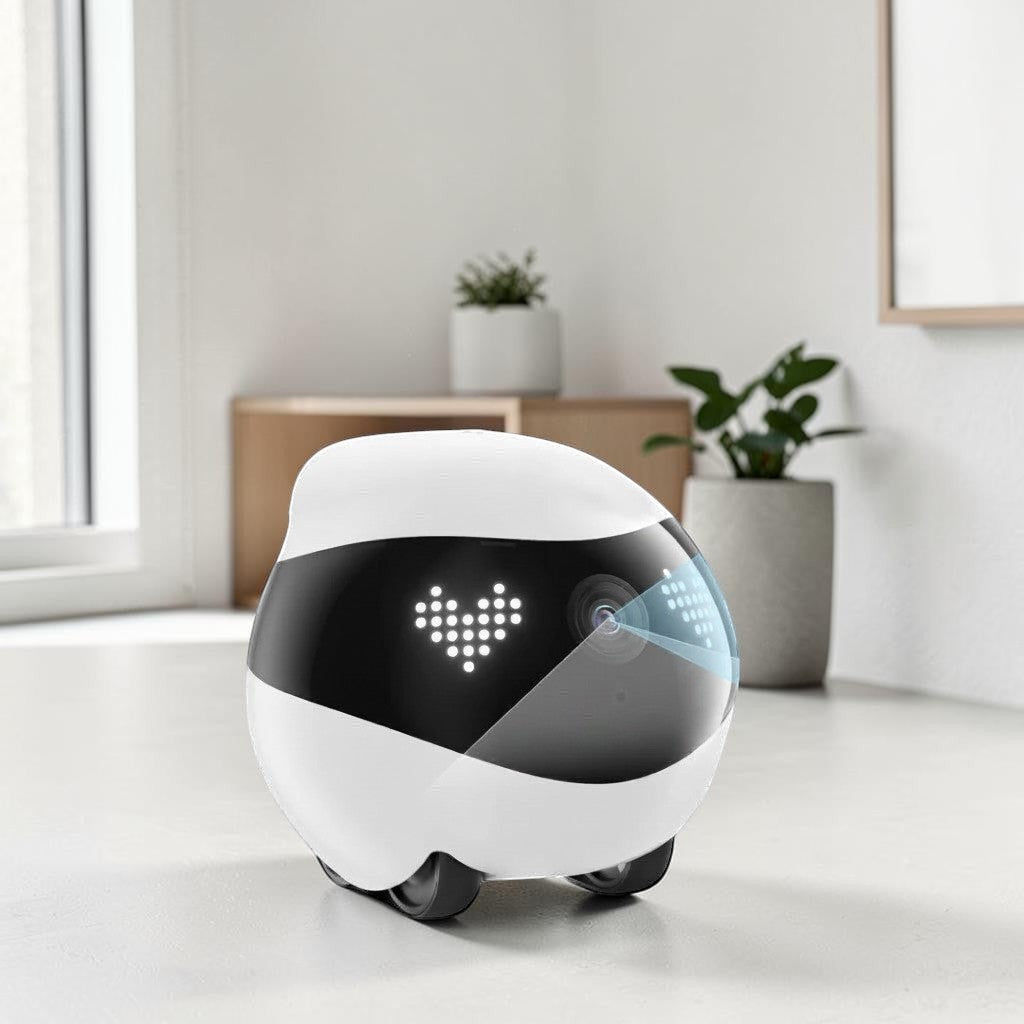 zero2cart white smart pet companion camera robot with a heart-shaped LED display on a bright indoor floor