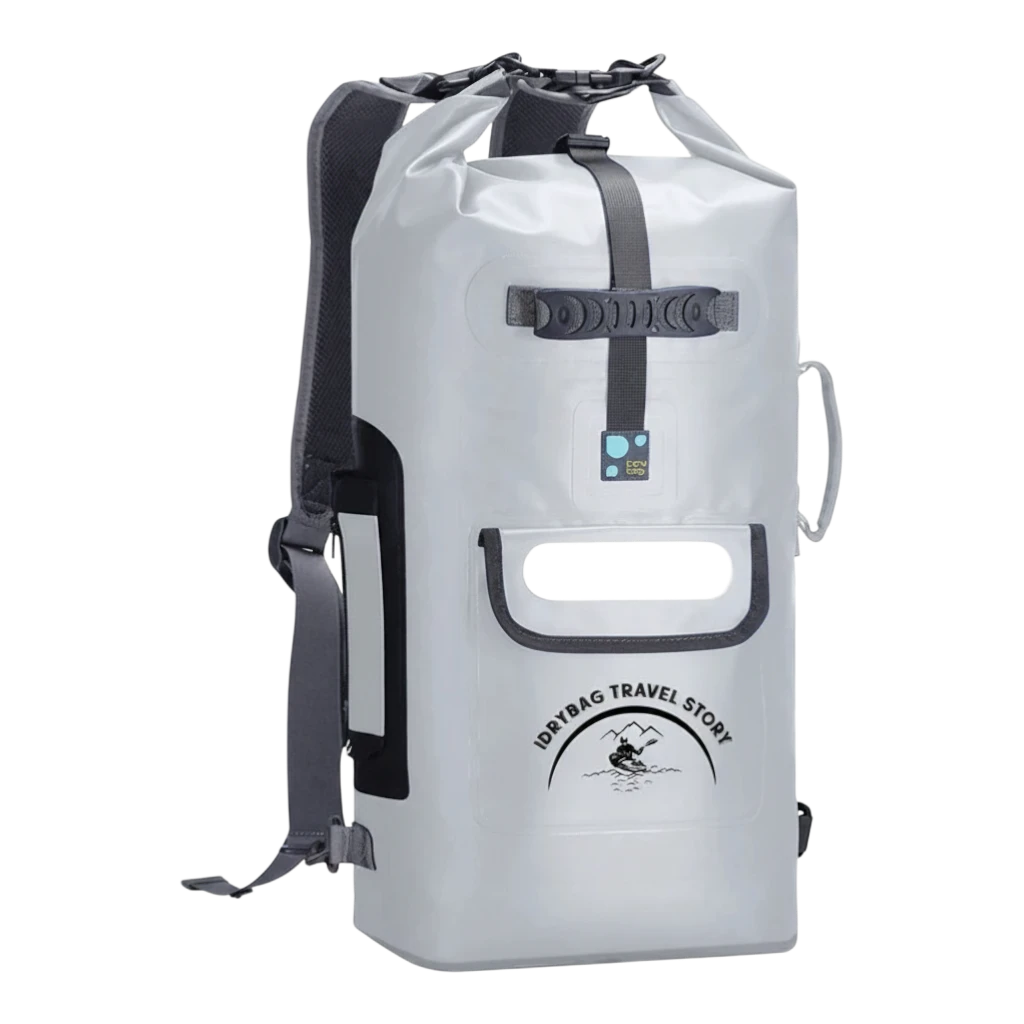zero2cart 20L grey waterproof PVC dry bag backpack with roll-top closure and front pocket for outdoor water sports