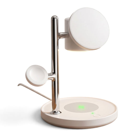 zero2cart white 4-in-1 magnetic wireless charging station with built-in touch-control night lamp on a wooden desk