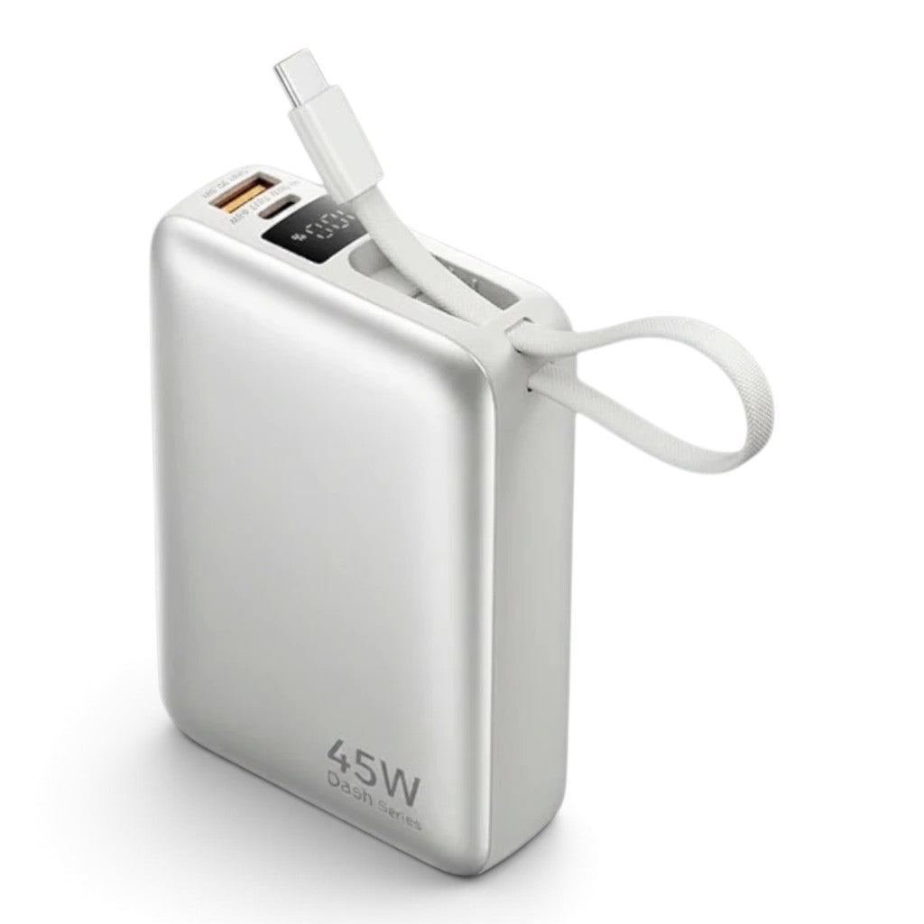 zero2cart 20000mAh portable power bank in white with built-in USB-C cable, digital display, and 45W fast charging.