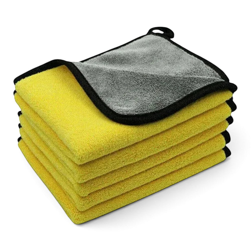 zero2cart yellow and grey microfiber cleaning towels stacked for car washing and household surface care