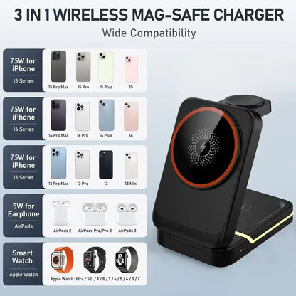 3-in-1 Magnetic Wireless Charger – For iPhone, Apple Watch & Earbuds