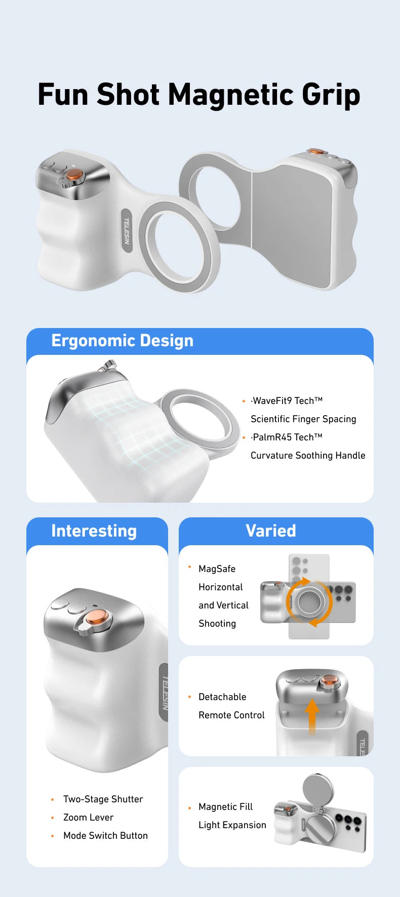 Magnetic Smartphone Camera Grip with Bluetooth Remote & Fill Light