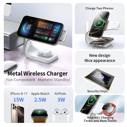 4 in 1 Wireless Charger Metal Shell Magnetic 15W Fast Charging Station Stand for iPhone 12-17 Mobile Phones  Airpods Apple Watch