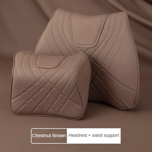 New Car Headrest Pillow Set Sewing Leather Auto Lumbar Waist Support Memory Foam Seat Neck Protective Cushion Accessories