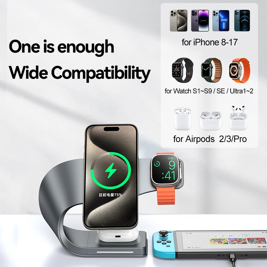 4 in 1 Wireless Charger Metal Shell Magnetic 15W Fast Charging Station Stand for iPhone 12-17 Mobile Phones  Airpods Apple Watch
