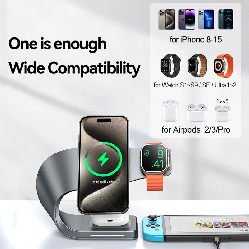 4 in 1 Wireless Charger Metal Shell Magnetic 15W Fast Charging Station Stand for iPhone 12-17 Mobile Phones  Airpods Apple Watch