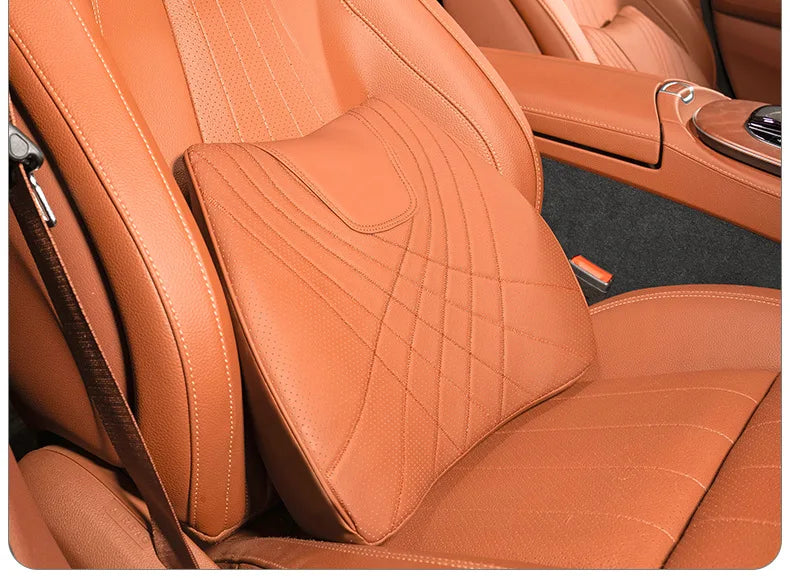 New Car Headrest Pillow Set Sewing Leather Auto Lumbar Waist Support Memory Foam Seat Neck Protective Cushion Accessories