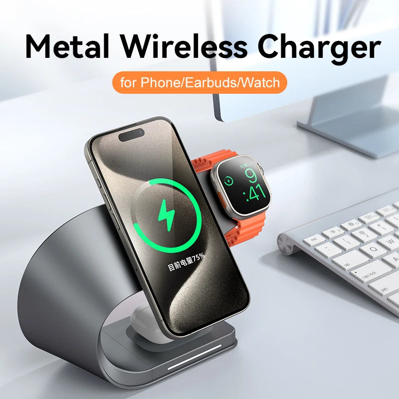 4 in 1 Wireless Charger Metal Shell Magnetic 15W Fast Charging Station Stand for iPhone 12-17 Mobile Phones  Airpods Apple Watch