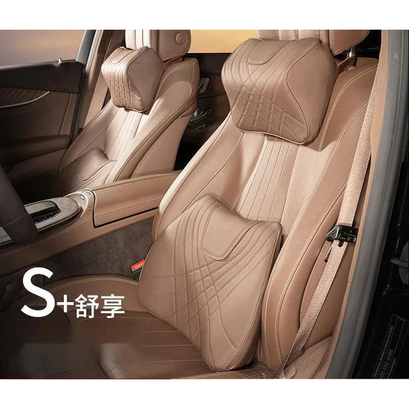 New Car Headrest Pillow Set Sewing Leather Auto Lumbar Waist Support Memory Foam Seat Neck Protective Cushion Accessories