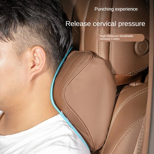 New Car Headrest Pillow Set Sewing Leather Auto Lumbar Waist Support Memory Foam Seat Neck Protective Cushion Accessories