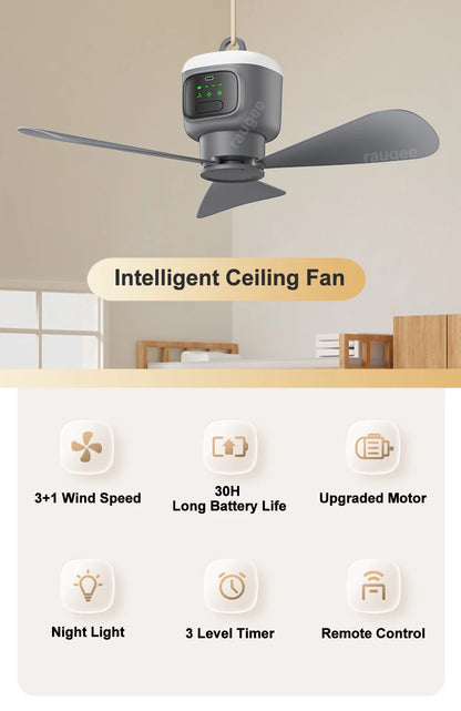 Portable Rechargeable Ceiling Fan with LED Light & Remote Control