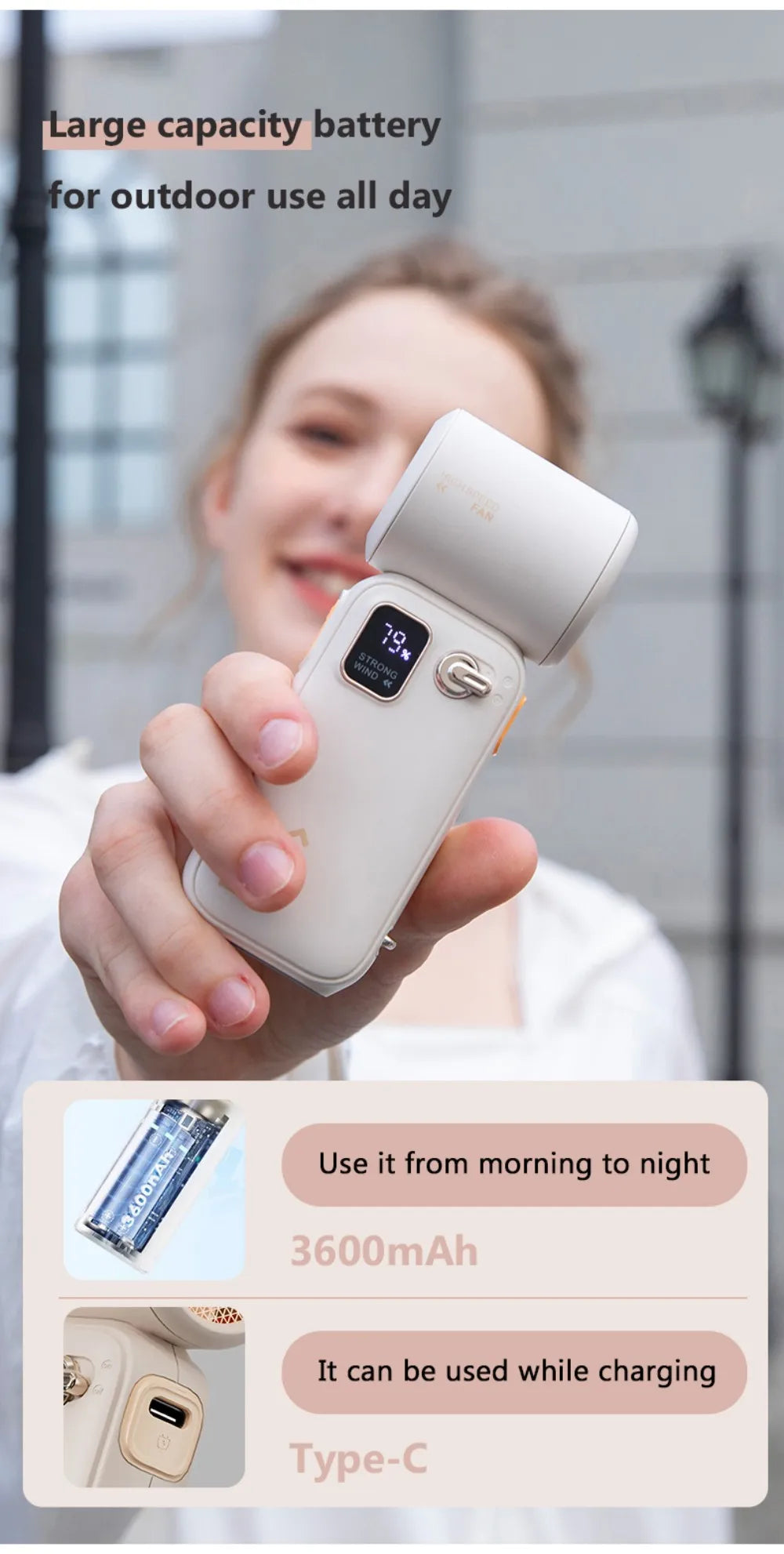 High-Speed Handheld Fan – 100-Level Cooling with Digital Display