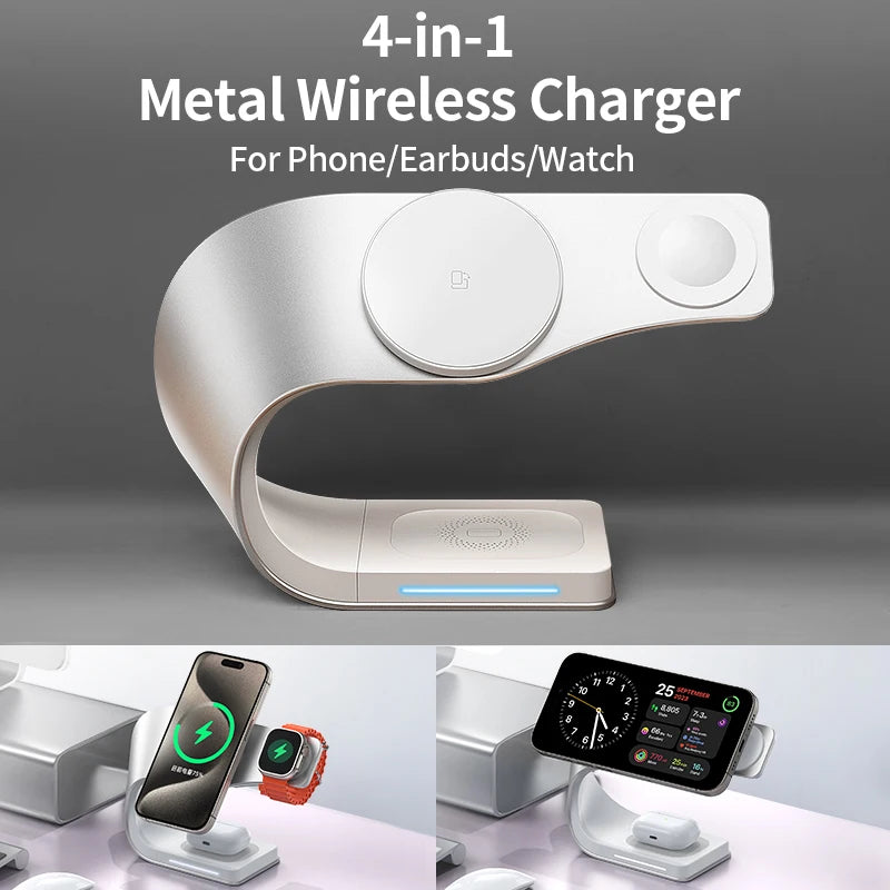 4 in 1 Wireless Charger Metal Shell Magnetic 15W Fast Charging Station Stand for iPhone 12-17 Mobile Phones  Airpods Apple Watch